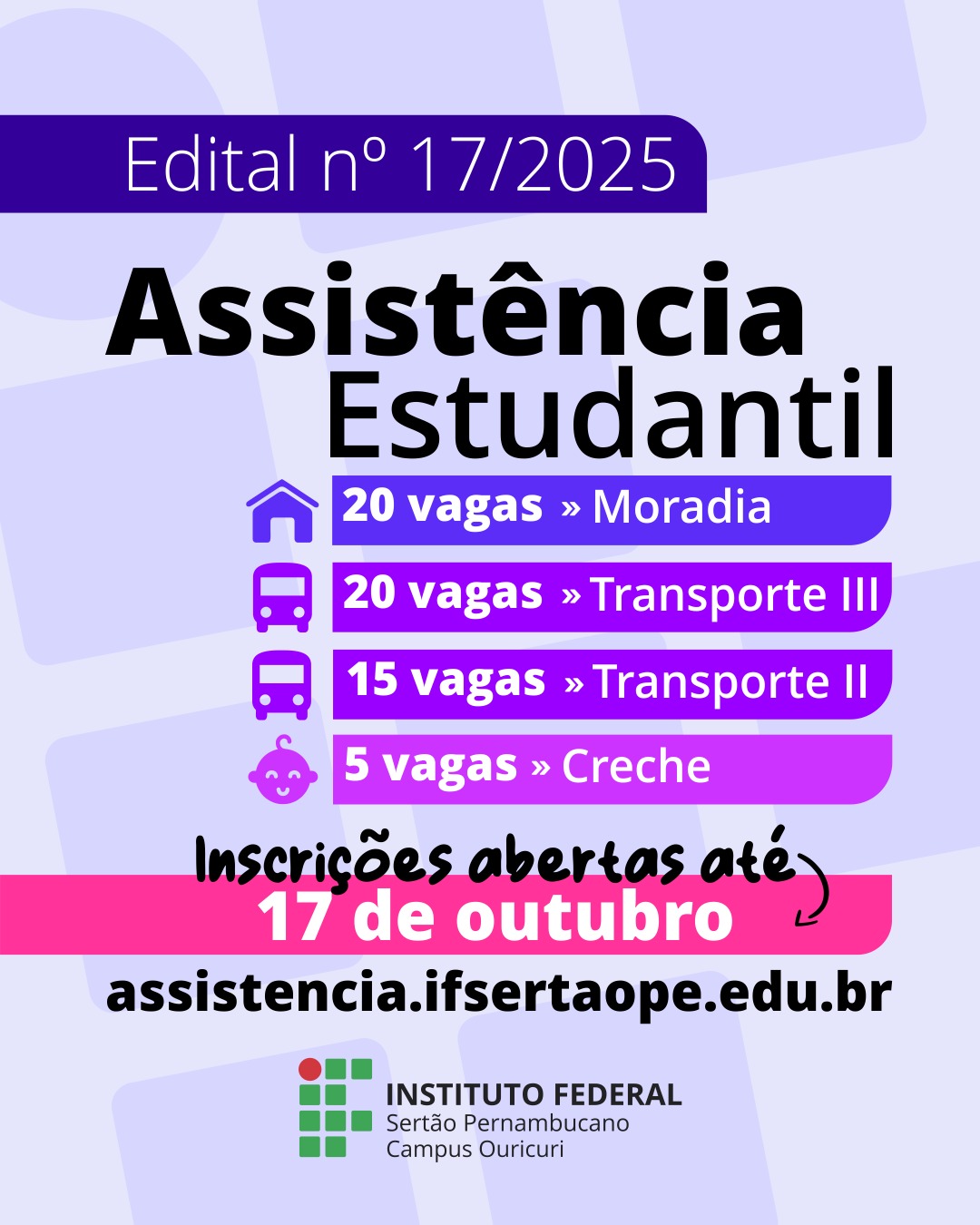 Esta imagem é um cartaz de divulgação, predominantemente nas cores roxo, rosa e verde, com foco nas vagas e no prazo final de inscrição. Título Principal: "Assistência Estudantil" e "Edital n° 17/2025". Distribuição das Vagas (60 no total): A lista é apresentada em caixas coloridas com ícones representativos: 20 vagas ≫ Moradia (ícone de casa). 20 vagas ≫ Transporte III (ícone de ônibus). 15 vagas ≫ Transporte II (ícone de ônibus). 5 vagas ≫ Creche (ícone de bebê/criança). Prazo e Local de Inscrição: Uma faixa rosa destaca a informação mais urgente: "Inscrições abertas até 17 de outubro". O site para inscrição é assistencia.ifsertaope.edu.br. Identidade Institucional: No rodapé, aparece o logotipo do INSTITUTO FEDERAL Sertão Pernambucano Campus Ouricuri.