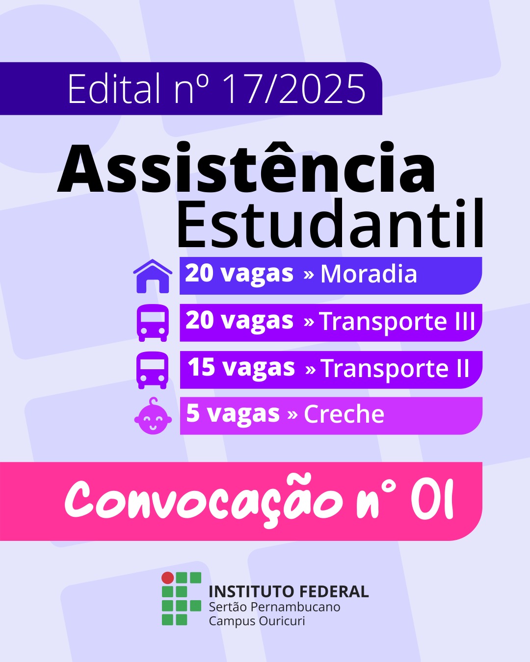 Uma imagem em formato de cartaz, com fundo em tons de roxo claro e lil&aacute;s, anuncia a Convoca&ccedil;&atilde;o n&ordm; 01 referente ao Edital n&ordm; 17/2025 de Assist&ecirc;ncia Estudantil do Instituto Federal do Sert&atilde;o Pernambucano, Campus Ouricuri. O cartaz lista a distribui&ccedil;&atilde;o de vagas oferecidas: 20 vagas &raquo; Moradia (ao lado do &iacute;cone de uma casa) 20 vagas &raquo; Transporte III (ao lado do &iacute;cone de um &ocirc;nibus) 15 vagas &raquo; Transporte II (ao lado do &iacute;cone de um &ocirc;nibus) 5 vagas &raquo; Creche (ao lado do &iacute;cone de um rosto sorridente de beb&ecirc;/crian&ccedil;a) Na parte inferior, est&aacute; a logomarca do INSTITUTO FEDERAL Sert&atilde;o Pernambucano, Campus Ouricuri.
