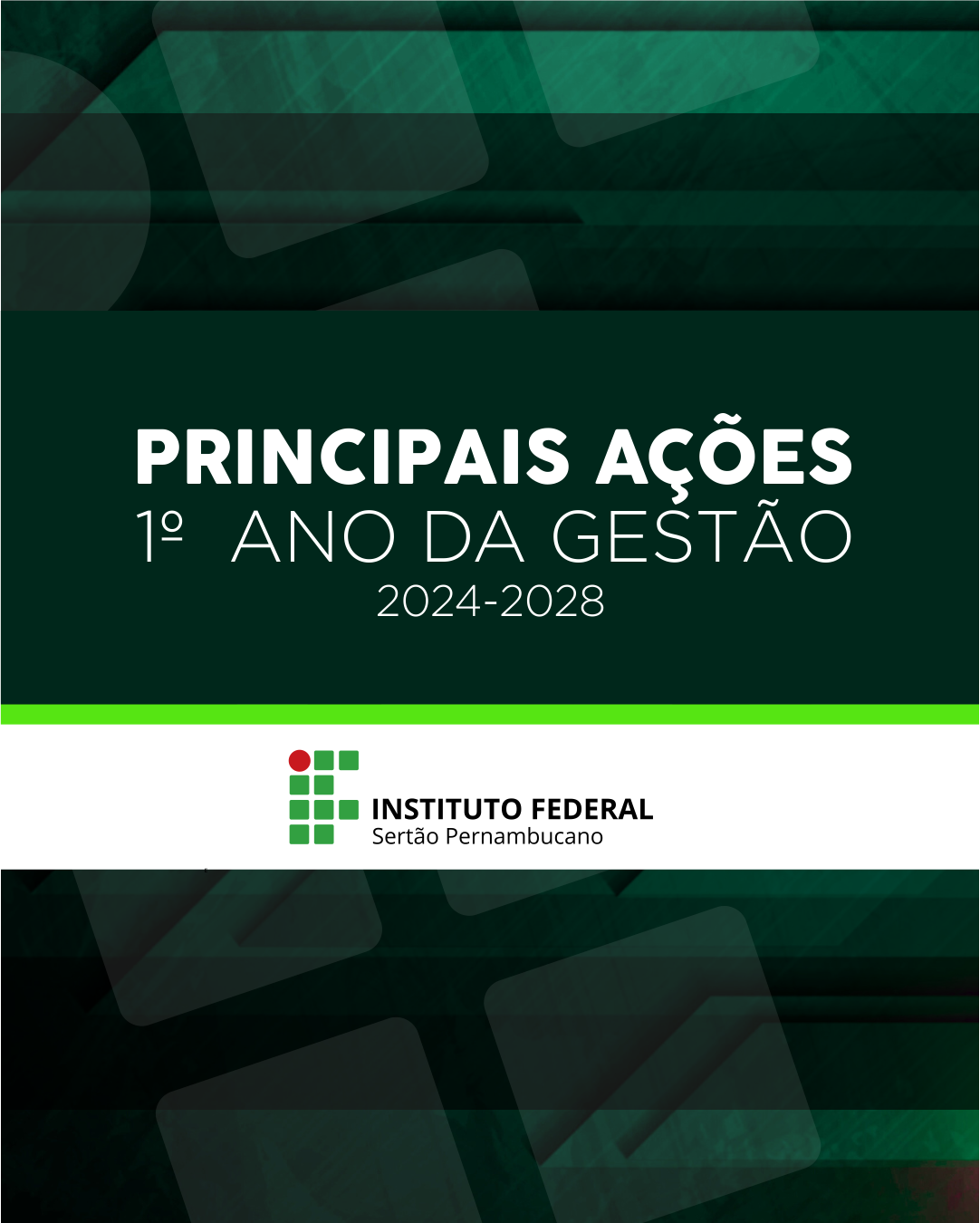 Este é um conjunto de slides de apresentação intitulado "PRINCIPAIS AÇÕES 1º ANO DA GESTÃO 2024-2028" do INSTITUTO FEDERAL Sertão Pernambucano. Aqui está um resumo do conteúdo de cada slide: Slide 1: Capa Título principal: "PRINCIPAIS AÇÕES 1º ANO DA GESTÃO" Período: "2024-2028" Logotipo: "INSTITUTO FEDERAL Sertão Pernambucano"
