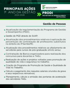 PRODI - PRÓ-REITORIA DE DESENVOLVIMENTO INSTITUCIONAL - Gestão de Pessoas Atualização da regulamentação do Programa de Gestão e Desempenho (PGD) Gestão do PGD através do SUAP Atualização dos procedimentos relativos à aplicação de percentuais de contratação de professores substitutos no âmbito do IFSertãoPE Atualização dos procedimentos relativos ao afastamento de servidores para cursos de pós-graduação stricto sensu Contratação de Banca organizadora para realização dos concursos para docentes e TAEs Realização de ações e projetos voltados para promoção de qualidade de vida e segurança no trabalho Criação do Programa de Promoção de Saúde e Qualidade de Vida no Trabalho Cálculo e pagamento dos reajustes salariais oriundos da greve e seus respectivos retroativos Planejamento, cálculo e emissão das portarias de aceleração dos servidores TAEs